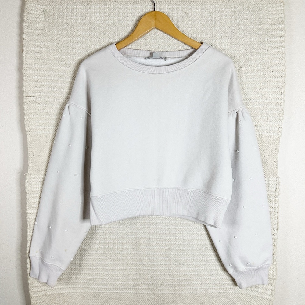 ALL SAINTS taupe pearl studded cropped oversized sweatshirt M